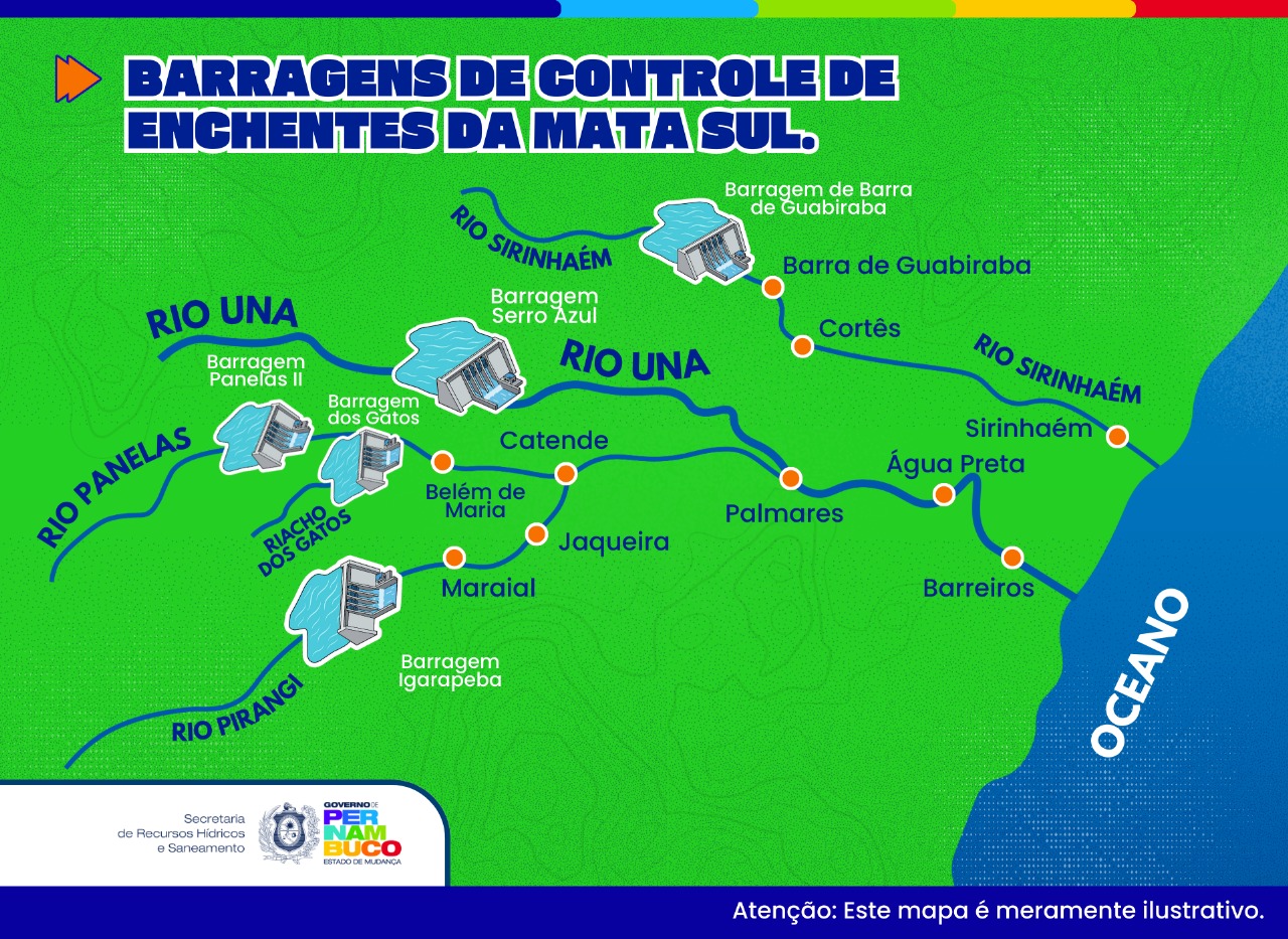 Até o final desta gestão, há previsão de retomada de todas as barragens planejadas para a contenção de enchentes na Zona da Mata Sul. Arte: Evelyn Vitória / SRHS-PE